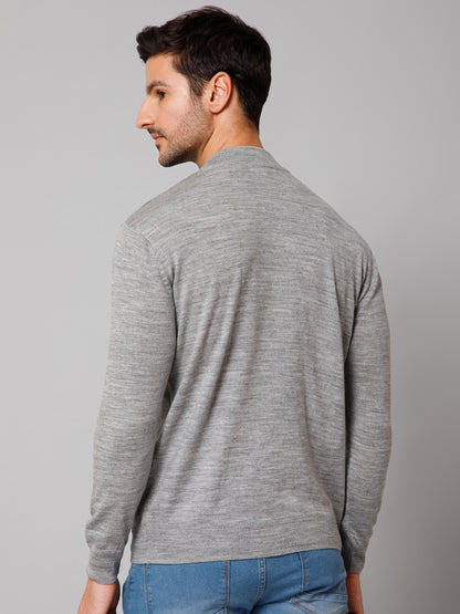 Solid Grey Full Sleeves Round Neck Regular Fit Casual Sweater for Men