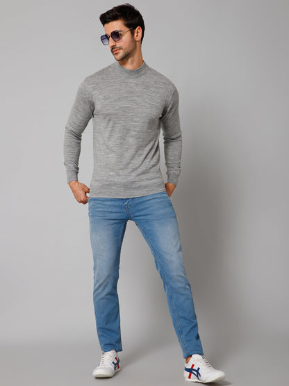 Solid Grey Full Sleeves Round Neck Regular Fit Casual Sweater for Men