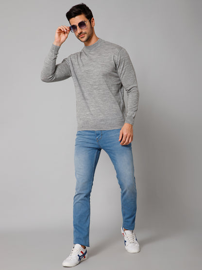 Solid Grey Full Sleeves Round Neck Regular Fit Casual Sweater for Men