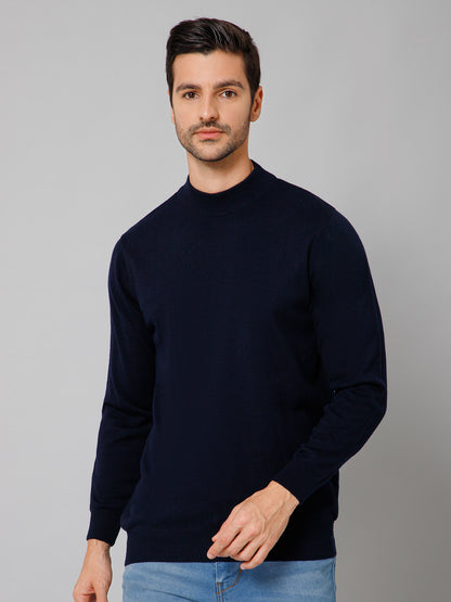 Solid Navy Blue Full Sleeves Round Neck Regular Fit Casual Sweater for Men