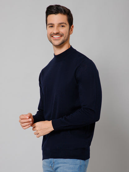 Solid Navy Blue Full Sleeves Round Neck Regular Fit Casual Sweater for Men