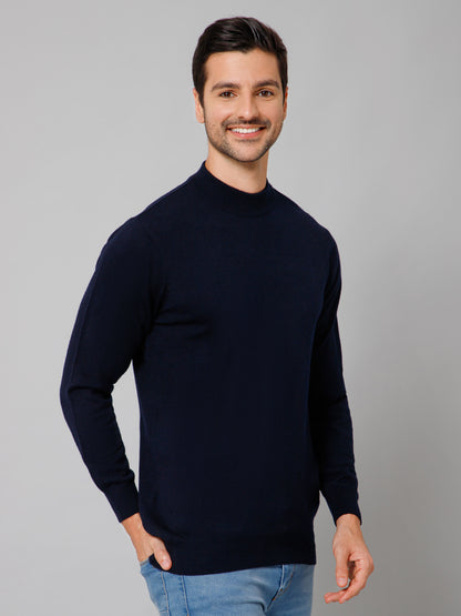 Solid Navy Blue Full Sleeves Round Neck Regular Fit Casual Sweater for Men