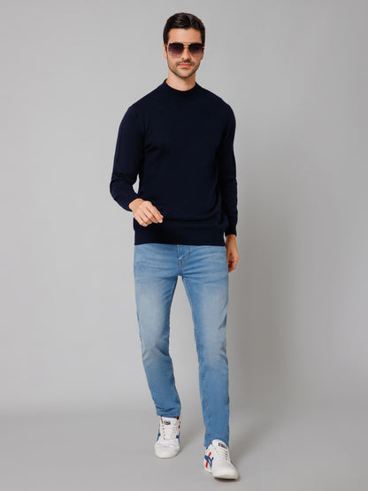 Solid Navy Blue Full Sleeves Round Neck Regular Fit Casual Sweater for Men