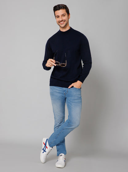 Solid Navy Blue Full Sleeves Round Neck Regular Fit Casual Sweater for Men