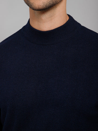 Solid Navy Blue Full Sleeves Round Neck Regular Fit Casual Sweater for Men