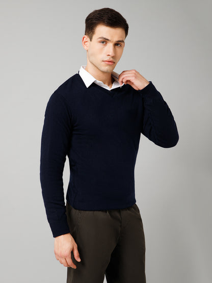 Solid Navy Blue Full Sleeves V Neck Reversible Regular Fit Casual Sweater for Men