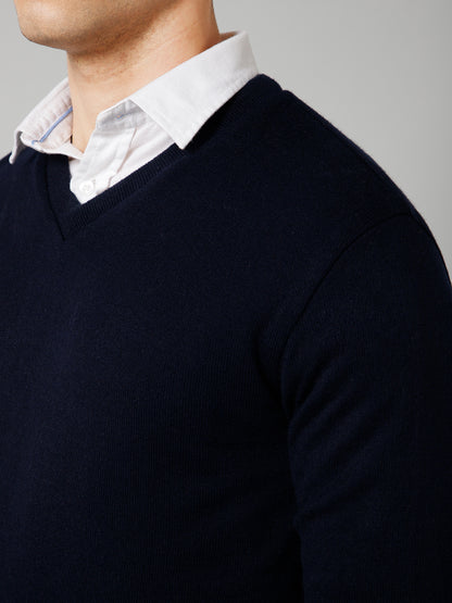 Solid Navy Blue Full Sleeves V Neck Reversible Regular Fit Casual Sweater for Men