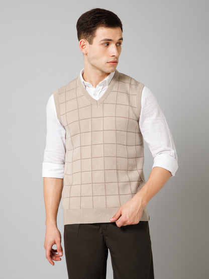 Checkered Beige Sleeveless V Neck Regular Fit Casual Sweater for Men