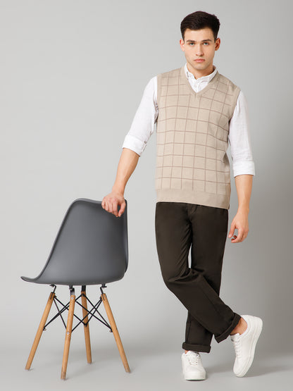 Checkered Beige Sleeveless V Neck Regular Fit Casual Sweater for Men