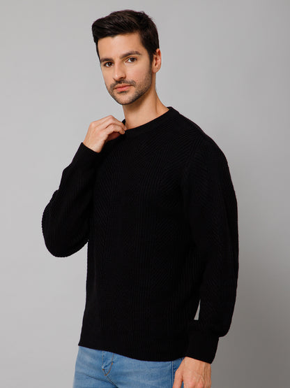 Self Design Black Full Sleeves Round Neck Regular Fit Casual Sweater for Men