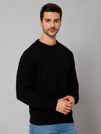 Self Design Black Full Sleeves Round Neck Regular Fit Casual Sweater for Men