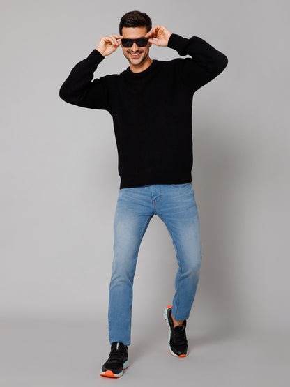 Self Design Black Full Sleeves Round Neck Regular Fit Casual Sweater for Men