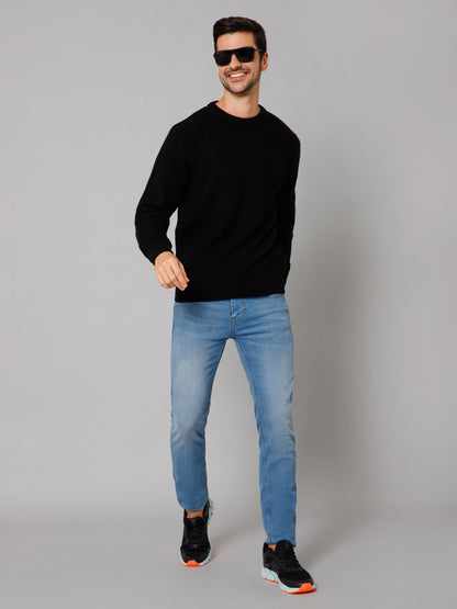 Self Design Black Full Sleeves Round Neck Regular Fit Casual Sweater for Men