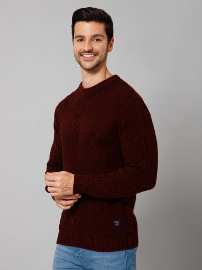 Self Design Rust Full Sleeves Round Neck Regular Fit Casual Sweater for Men