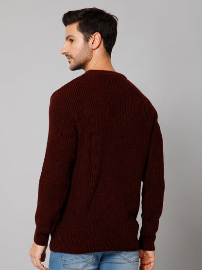 Self Design Rust Full Sleeves Round Neck Regular Fit Casual Sweater for Men