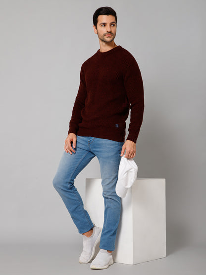 Self Design Rust Full Sleeves Round Neck Regular Fit Casual Sweater for Men