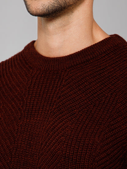 Self Design Rust Full Sleeves Round Neck Regular Fit Casual Sweater for Men