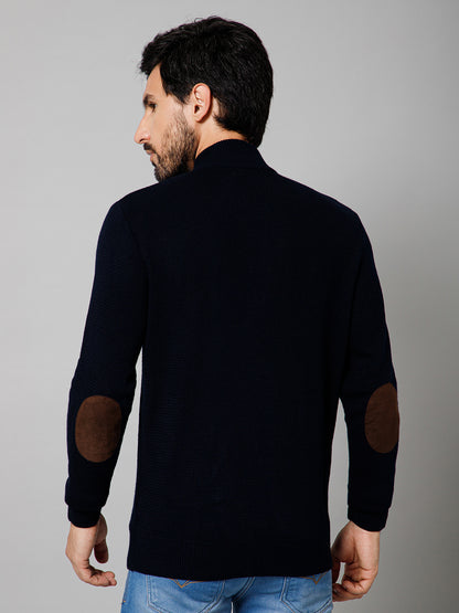 Self Design Navy Blue Mock Neck Full Sleeves Regular Fit Casual Sweater For Mens