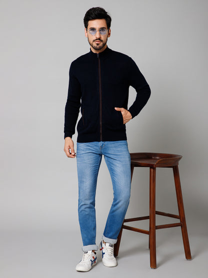 Self Design Navy Blue Mock Neck Full Sleeves Regular Fit Casual Sweater For Mens