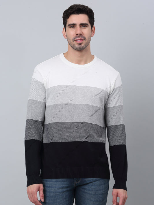 Striped Navy Blue Full Sleeves Round Neck Regular Fit Casual Sweater for Men