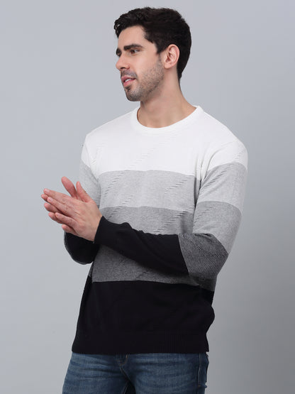 Striped Navy Blue Full Sleeves Round Neck Regular Fit Casual Sweater for Men