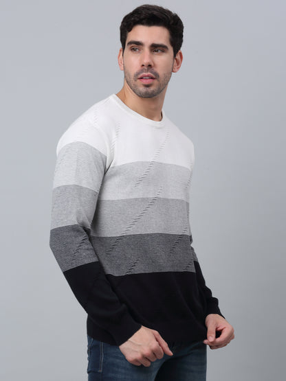 Striped Navy Blue Full Sleeves Round Neck Regular Fit Casual Sweater for Men