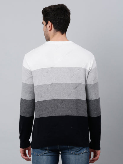 Striped Navy Blue Full Sleeves Round Neck Regular Fit Casual Sweater for Men