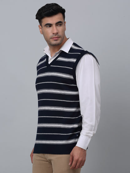 Solid Navy Blue Sleeveless V Neck Reversible Regular Fit Casual Sweater for Men