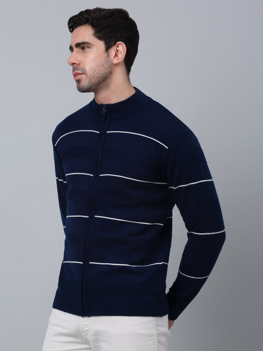 Striped Royal Blue Full Sleeves Mock Collar Regular Fit Casual Sweater for Men