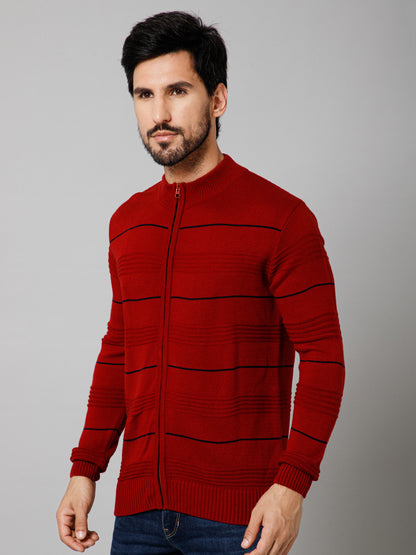 Self Design Red Mock Collar Full Sleeves Regular Fit Casual Sweater For Mens