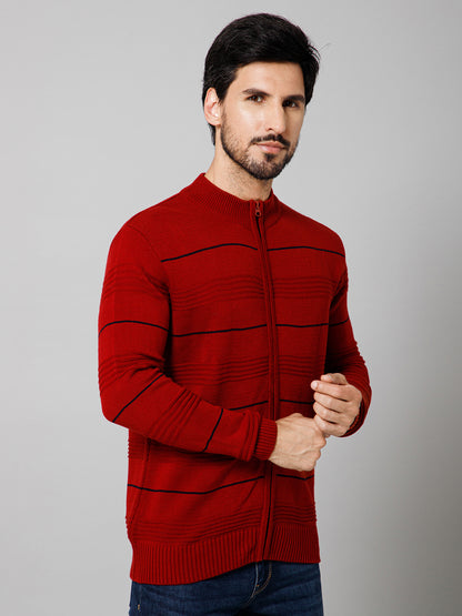 Self Design Red Mock Collar Full Sleeves Regular Fit Casual Sweater For Mens