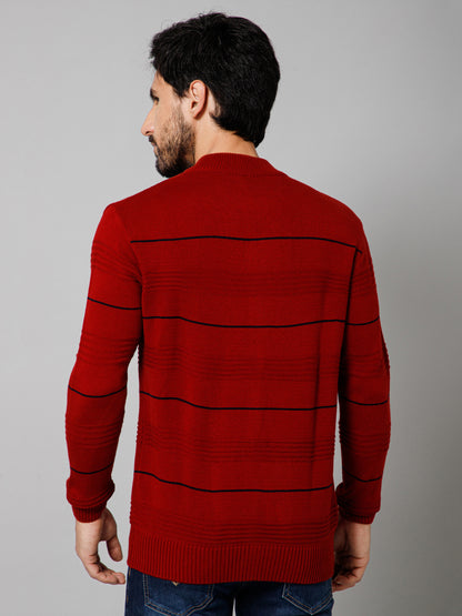 Self Design Red Mock Collar Full Sleeves Regular Fit Casual Sweater For Mens