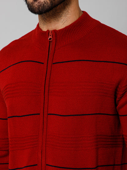 Self Design Red Mock Collar Full Sleeves Regular Fit Casual Sweater For Mens