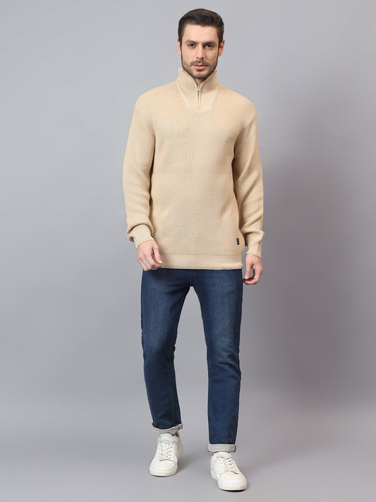 Men's Beige Solid Full Sleeve Sweater