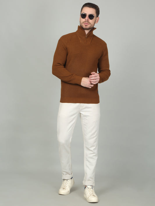 Men's Brown Solid Full Sleeve Sweater