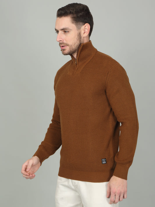 Men's Brown Solid Full Sleeve Sweater