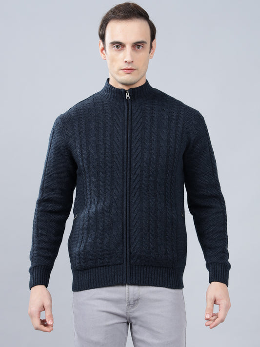 Men's Jacquard Navy Blue Full Sleeve Sweater