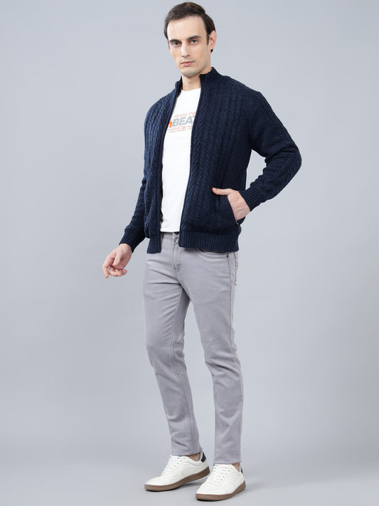 Men's Jacquard Navy Blue Full Sleeve Sweater