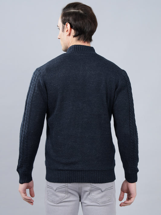Men's Jacquard Navy Blue Full Sleeve Sweater