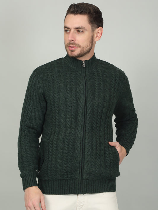 Men's Green Self Design Full Sleeve Sweater