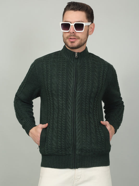 Men's Green Self Design Full Sleeve Sweater