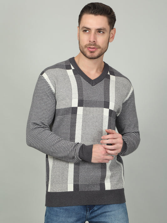 Men's Charcoal Self Design Full Sleeve Sweater