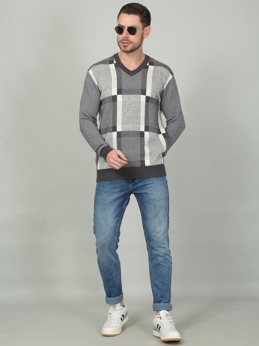 Men's Charcoal Self Design Full Sleeve Sweater