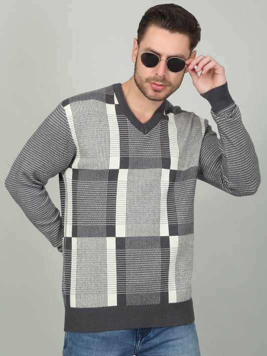 Men's Charcoal Self Design Full Sleeve Sweater