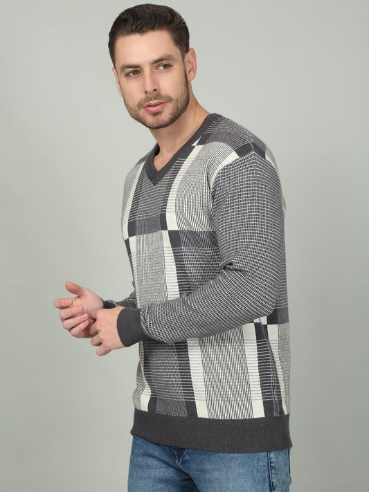 Men's Charcoal Self Design Full Sleeve Sweater