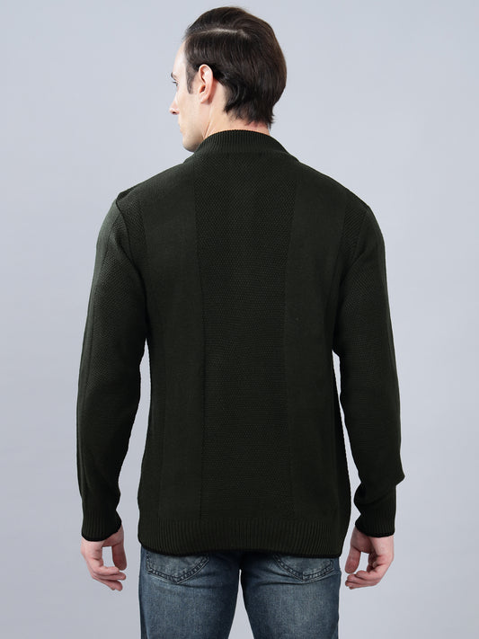 Men's Self Design Olive Green Full Sleeve Sweater