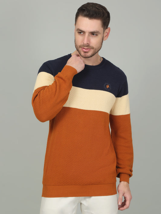 Men's Tan Self Design Full Sleeve Sweater