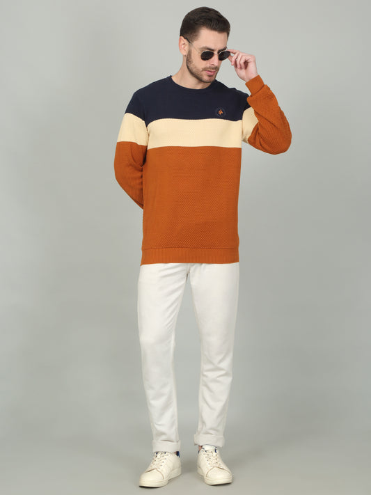 Men's Tan Self Design Full Sleeve Sweater