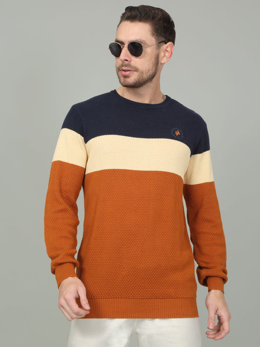 Men's Tan Self Design Full Sleeve Sweater