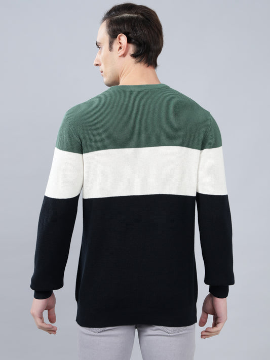 Men's Color Block Navy Blue Full Sleeve Sweater